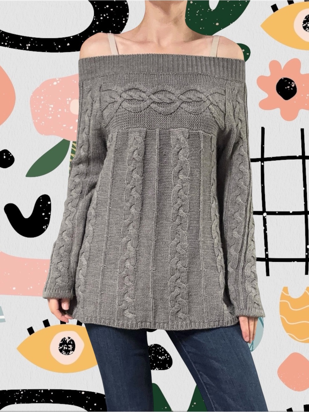 Love Lola | Vintage Y2K Gray Off The Shoulder Cable Knit Sweater